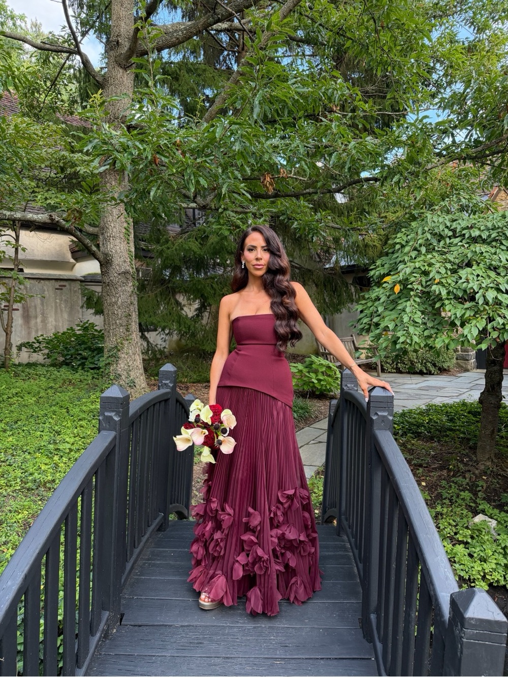 Burgundy Strapless Pleated Floral Appliqué Gown